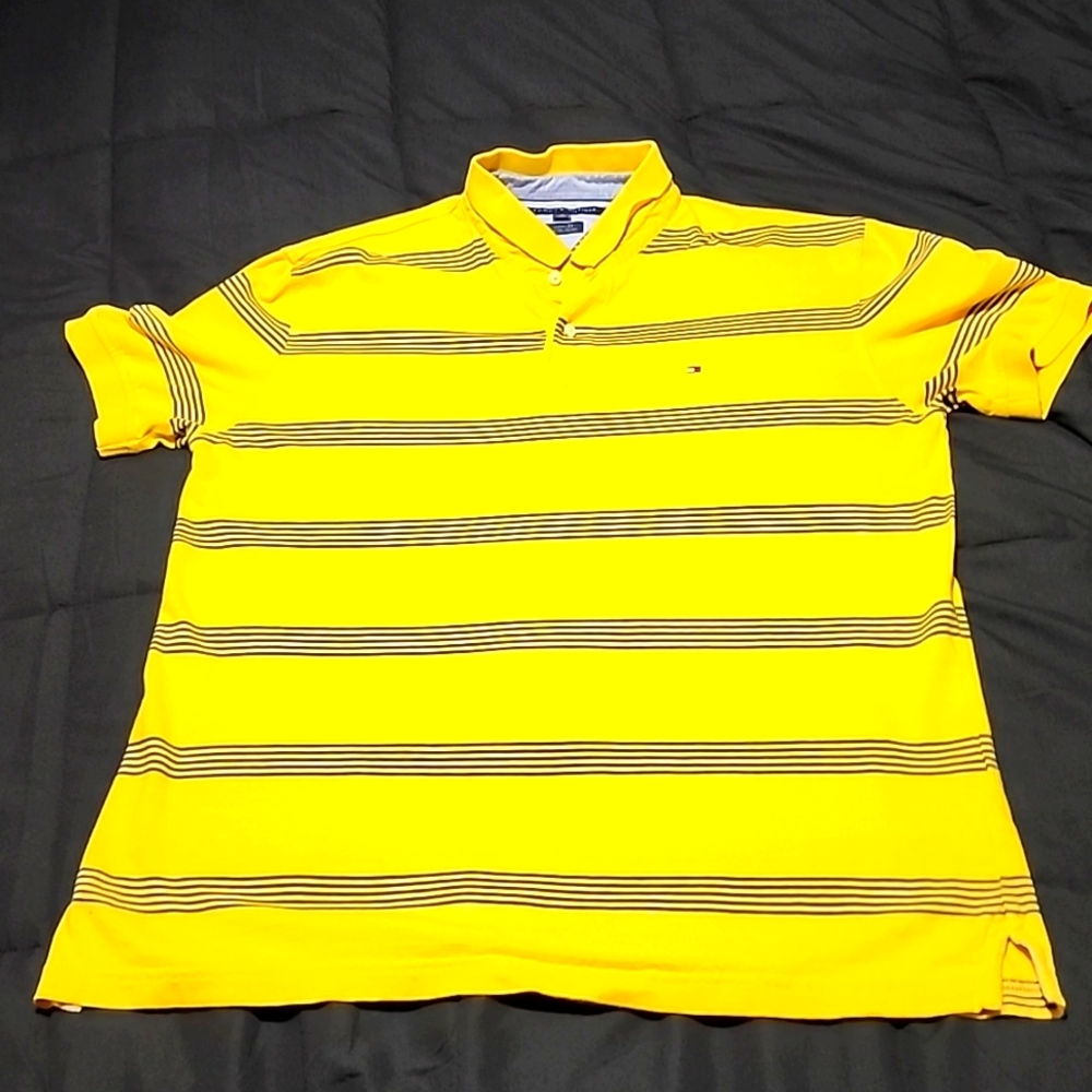 Tommy Hilfiger XL custom polo shirt- yellow w/ navy stripes